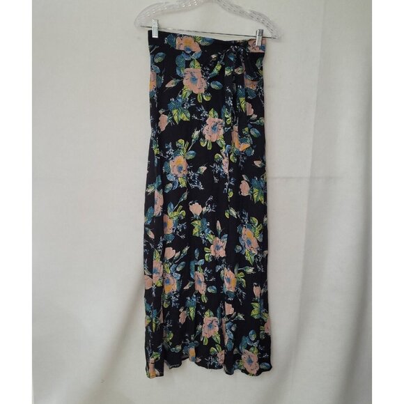 Xhilaration Skirt Womens‎ XS Black Floral Slit Font Pull On Tie Side Midi Rayon - Picture 1 of 11